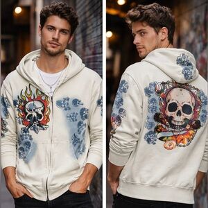 Circle of Life Skull Graphic Zip Hoodie Cream Y2K L Streetwear Tattoo Art READ